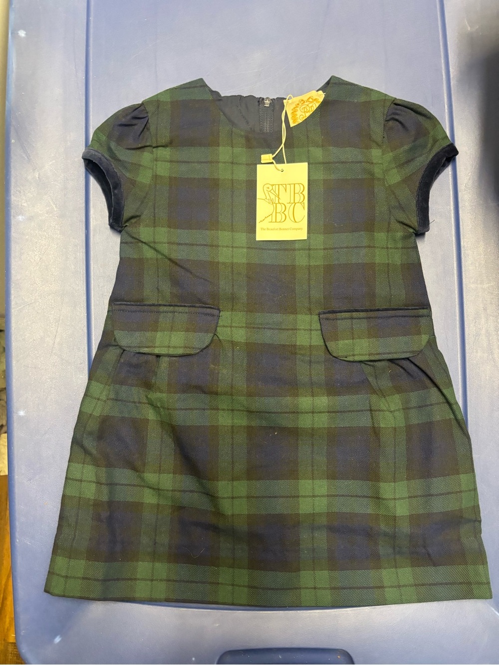 The Beaufort Bonnet Company Green & Navy Plaid Puff Sleeve Dress